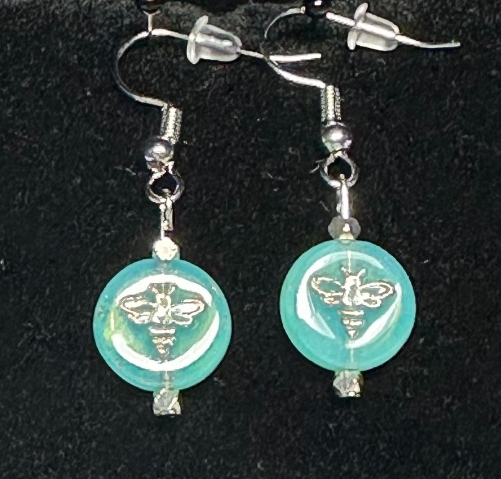Czech Glass Aqua Blue Earrings With Etched Gold Bees