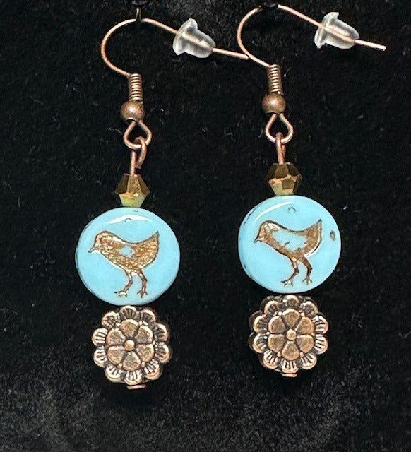 Czech Glass Bird Earrings With Copper Accents