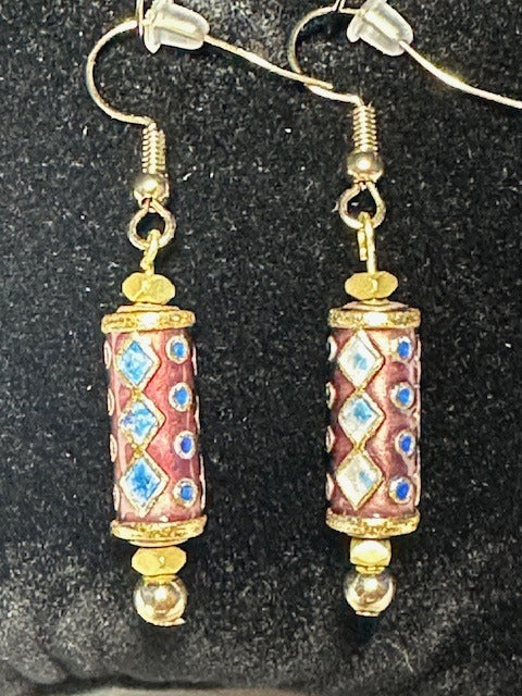 Cloisonne Maroon Barrel Earings