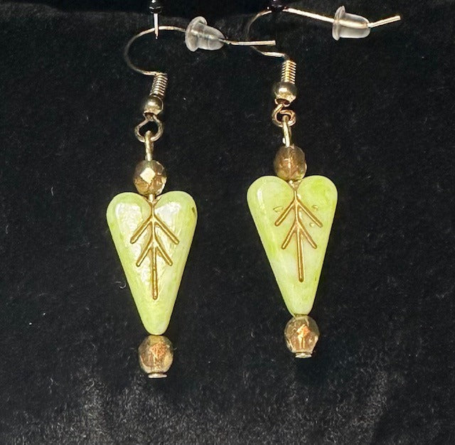 Czech Glass Green Heart Earrings With Gold Accents