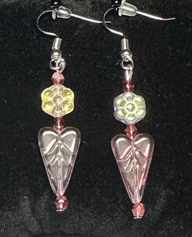 Czech Glass Transparent Pink Heart Earrings
