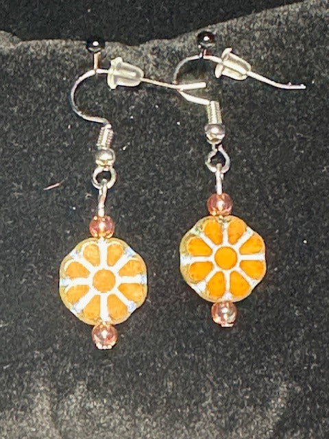 Czech Glass Orange Daisy with Blue Wash Earrings